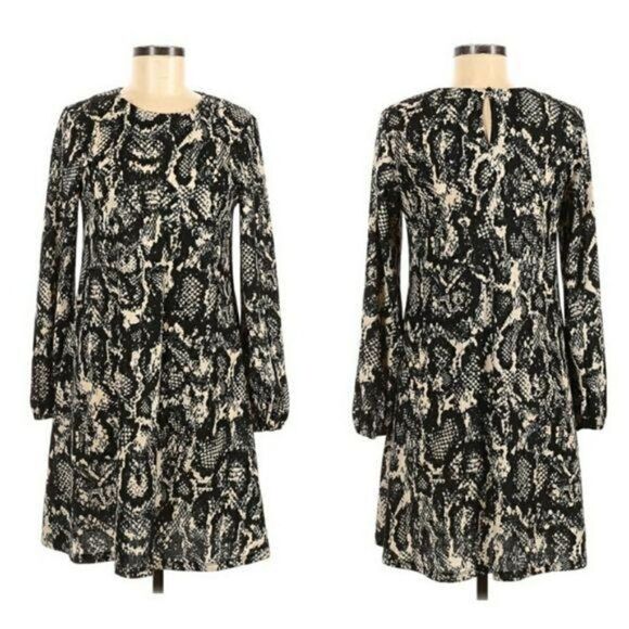 Nine West Snake Print Jewel Neck Balloon Sleeve Aline Sweater Dress Black Sz 6 - Picture 1 of 12
